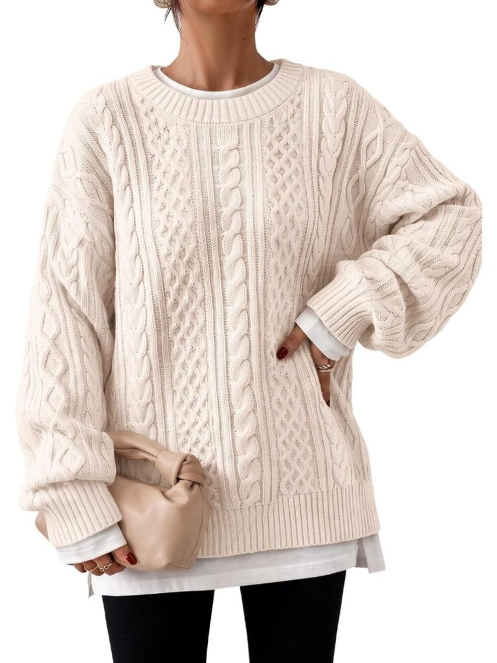 Women's Cream Crewneck Cozy Warm Winter Clothes Oversized Cable Knit Sweaters